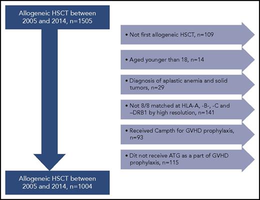 Figure 1. Study cohort. Patients with hematological malignancies who received their first allogeneic HSCT with MUDs between 2005 and 2014 were included (n = 1505). Patients eligible for this study had donor and recipient HLA typing performed at the HLA-A, HLA-B, HLA-C and HLA-DRB1, HLA-DRB3/4/5, HLA-DQB1, and HLA-DPB1 loci using sequenced-based typing methods at high-resolution levels. Patients with second allogeneic HSCT, diagnosis of aplastic anemia and solid tumors, age younger than 18 years, and those who did not receive ATG for GVHD prophylaxis were excluded from the analysis. Therefore, the final study cohort included 1004 patients transplanted with 8/8 MUDs at HLA-A, HLA-B, HLA-C, and HLA-DRB1.