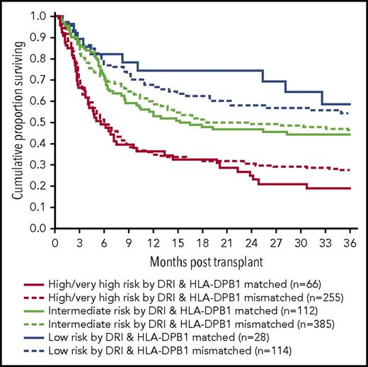 Figure 4. PFS by HLA-DPB1 matching and disease risk by DRI. HLA-DPB1 mismatch had no impact on PFS. This remained the same for each DRI risk group.