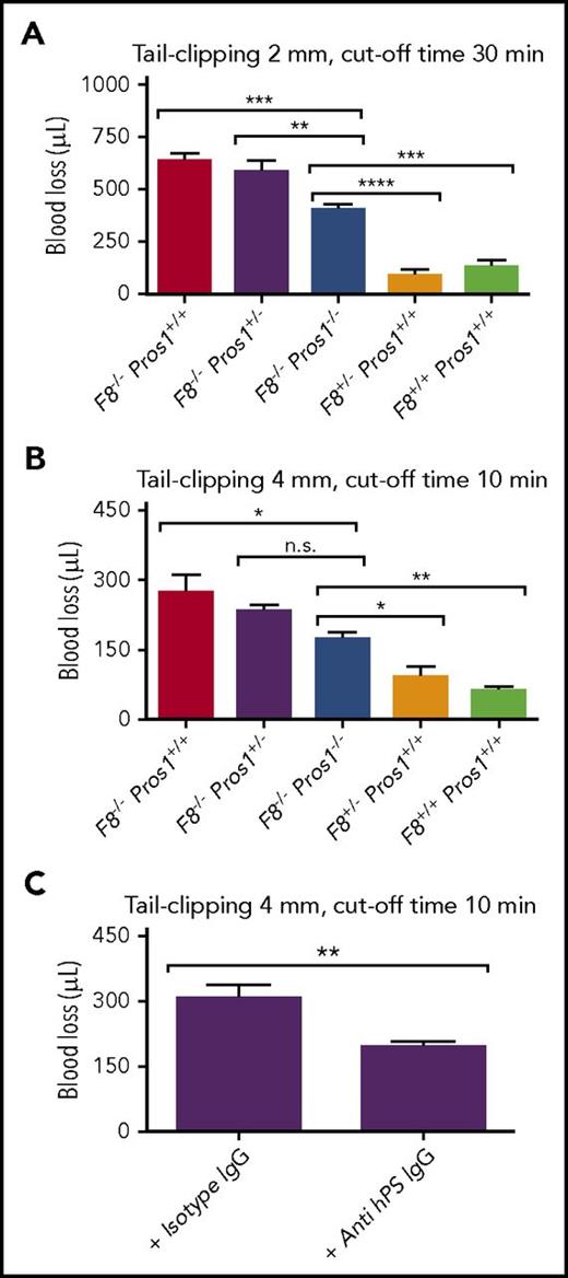 Figure 3. Tail bleeding models. Blood was collected after 2-mm (A) and 4-mm (B) tail transections for 30 minutes (A) and 10 minutes (B) in a fresh tube of saline; total blood loss (in microliters) was then measured. F8+/−Pros1+/+ (white columns) and F8+/+Pros1+/+ (green columns) mice served as controls (n = 5 for all groups in panel A; n = 6 for all groups in panel A). (C) An anti-human PS antibody altered tail bleeding after a 4-mm transection. *P < .05, **P < .01, ***P < .001, ****P < .0001; n.s., not significant.