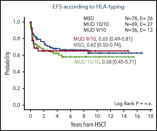 Figure 3. Outcome of patients with advanced MDS given allogeneic HSCT. Probability of EFS according to the type of donor (HLA-identical sibling, 10/10 allelic matched and 9/10 allelic matched unrelated volunteer) used in patients with MDS-EB given an allograft after a myeloablative conditioning regimen that included busulfan, cyclophosphamide, and melphalan. Data from the EWOG-MDS registry. E, events observed; N, number of patients at risk; n.s., not significant.