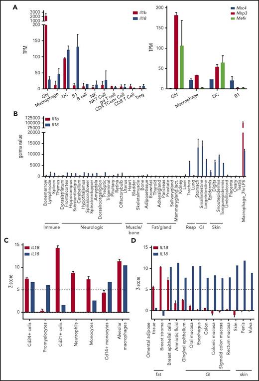 Figure 5. Expression of Il18 and Nlrc4 converge in barrier epithelial tissues. (A) RNA-seq expression values of Il1b and Il18 (left) and inflammasomopathy-associated genes (right) in murine immune cells derived from analysis of data from ImmGen project.63 (B) The gcrma microarray expression values of Il18 and Il1b in diverse murine tissues from BioGPS dataset GNF1M.64 Expression values of ex vivo LPS-stimulated macrophages are included as an internal high Il1b control. Microarray expression of (C) human immune cells or (D) tissues with consistent expression (Z > 5 in both duplicates) of IL1B or IL18. Data were derived from BioGPS dataset “Barcode on Normal Tissues.”65 An Nlrc4 probeset was not present in multiple large murine tissue datasets, precluding a comparison of inflammasomes in human tissues. All graphs depict mean and standard error of the mean of all available replicates. Data for panels A-B were obtained from http://www.immgen.org and BioProject PRJNA2B1360. Data for panels B-D were obtained via http://www.biogps.org. DC, dendritic cell; GI, gastrointestinal; NKT, NK T cell; resp, respiratory; Treg, T regulatory cell.