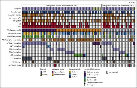 Figure 1. Clinical and genetic profiles of 150 patients. Each column indicates 1 patient. The methylation analysis included 106 (71%) of the 150 patients. HbF, fetal hemoglobin; LOH, loss of heterozygosity; Plt, platelet count.