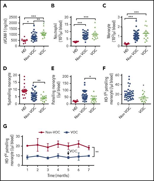 Figure 5. Reduced HO-1hi PMos in SCD patients at risk of VOC. (A) Soluble VCAM-1 levels in platelet-free plasma from race-matched HDs (n = 10) and SCD patients grouped as “Non-VOC” (n = 38) and “VOC” (n = 15, see “Methods” for patient characteristics) were tested by enzyme-linked immunosorbent assay. Absolute (B) neutrophil and (C) monocyte counts in peripheral blood were determined by Advia Hematology Analyzer. (D) Frequency of PMos within total circulating monocyte population. Absolute numbers of (E) PMos and (F) HO-1hi PMos were calculated based on monocyte counts and monocyte subset frequency. (G) Absolute numbers of HO-1hi PMos at monthly intervals in the VOC (n = 6) and non-VOC (n = 11) groups. The arrow indicates the timing of the vaso-occlusive event in the VOC group. Data represent mean ± SEM; means in panels A-F were compared using 2-tailed Student t test and means in panel G were compared using 2-way analysis of variance. *P < .05; **P < .01; ***P < .001.