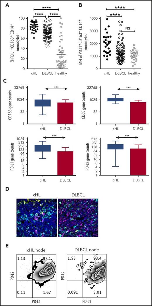 Figure 3. PD-L1 expression on monocyte/macrophages in cHL and DLBCL. (A) Proportion of circulating PD-L1+CD163+CD14+ monocytes in the pretherapy blood of cHL and DLBCL patients and healthy participants. (B) Mean fluorescent intensity of PD-L1 on CD163+CD14+ monocytes in the pretherapy blood of cHL relative to DLBCL and healthy participants. (C) Gene expression by nanoString nCounter in cHL and DLBCL patient lymph nodes. (D) Representative images of multispectral microscopic visualization of PD-L1 (cyan), CD163 (yellow), CD20, or CD30 (magenta) from cHL and DLBCL diseased lymph nodes, with 4′,6-diamidino-2-phenylindole (dark blue) as the nuclear marker. (E) Representative fluorescence-activated cell sorter plots from cHL and DLBCL lymphomatous nodes of PD-L1/PD-L2 on CD163+CD14+ monocytes/macrophages.