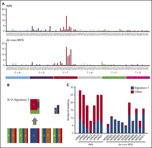 Figure 2. Mutational signature analysis. (A) A mutational signature was created for both de novo MDS and tMN patients, based on nondriver mutations that had been validated by TDS (n = 152 for tMN patients vs n = 145 for de novo MDS patients). (B) The distinctive mutational pattern, related to aging (signature 1: C > T@CpG) that was identified in both groups. (C) Representation of the number of mutations explained by signature 1 per individual patient. All other mutations are marked as “other” mutations.