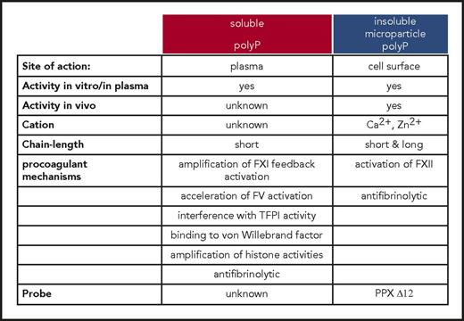 Figure 2. Activities and functions of polyP in the coagulation system. Two different pools of polyP that differ in their biophysical properties and procoagulant mechanisms, respectively, operate in the coagulation cascade. Insoluble long-chain polyP and polymers condensed in microparticles initiate FXII contact activation on cell surfaces. Although mechanisms driven by insoluble polyP microparticles have been analyzed in vivo, functions of soluble/short-chain polymers are based on in vitro studies.