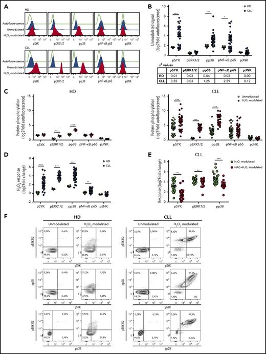 Figure 1. Redox sensitivity of leukemic and HD B cells. Samples were thawed and rested for 24 hours before modulation with 3.3 mM H2O2 for 10 minutes, or left unmodulated. (A) Representative flow cytometry histograms of BCR phosphoproteins in basal conditions (unmodulated) or after H2O2 modulation in B cells from HDs (n = 9) and patients with CLL (n = 42), compared with autofluorescence signals. (B) Unmodulated levels of signaling protein phosphorylation in B cells from HDs and patients with CLL. Protein phosphorylation was measured as log2 of relative median fluorescence intensity (log2-fold autofluorescence). The table indicates values of variance (σ2) for each phosphoprotein among HD and CLL samples. (C) Signals of phosphoproteins (log2-fold autofluorescence) in the unmodulated condition and after H2O2 modulation in B cells from HDs (left) and patients with CLL (right). (D) Comparison of response to H2O2 modulation, measured as the log2-fold change in phosphorylation between H2O2-modulated and unmodulated conditions, between B cells from HDs and patients with CLL. (E) Responses of pSYK, pERK1/2, and pp38 to H2O2 modulation, measured as log2-fold change, in the absence or presence of 5 mM NAC (n = 24). Lines indicate mean value. Comparisons were performed using the Student t test. *P ≤ .05; **P ≤ .01; ***P ≤ .001. (F) Representative contour plots of pSYK, pERK1/2, and pp38 in basal conditions (unmodulated) or after H2O2 modulation in B cells from HDs and patients with CLL.