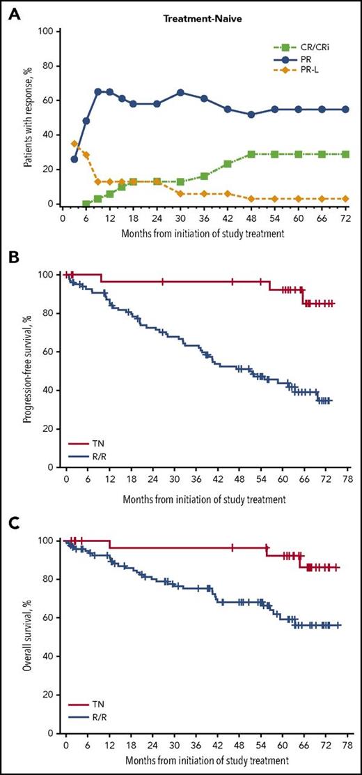 Figure 2. Outcomes in TN and R/R populations. (A) Cumulative best response in TN patients over time. (B) PFS in TN and R/R patients. (C) OS in TN and R/R patients. One TN patient with disease progression on day 2274 was excluded because of the very limited numbers at risk at that time and to ensure appropriate calculation of median. The patient was censored at last response assessment before progression. CRi, CR with incomplete marrow recovery.