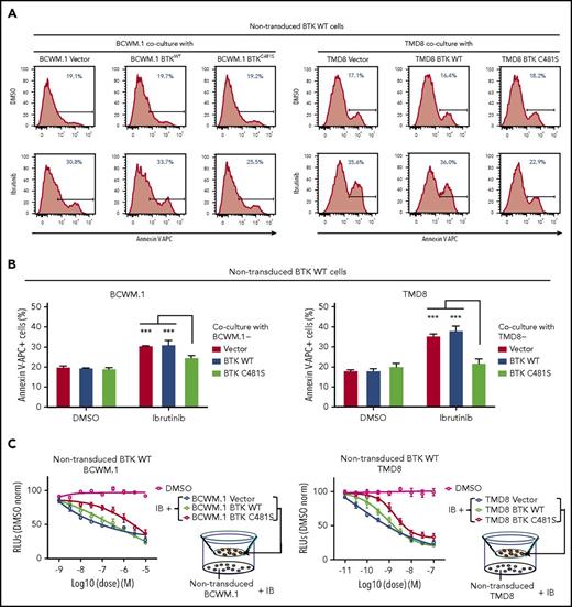 Figure 3. BTKCys481Ser expressing WM and ABC DLBCL cells confer a protective effect to BTKWT malignant cells through paracrine mediated prosurvival signaling. For coculture experiments, BTKWT or BTKCys481Ser expressing GFP+ BCWM.1 or TMD8 cells were cultured with ibrutinib (0.5-1.0 µM) for 6 hours. Nontransduced BTKWT GFP− BCWM.1 or TMD8 cells were then added to wells, and cocultured for 24 to 48 hours in the absence or presence of ibrutinib (0.5-1.0 µM) Annexin V–APC staining was used to assess apoptotic changes on nontransduced GFP− cells. Experiments were done in triplicate, and the representative plots with the percentage of apoptotic cells are shown in panel A. The statistics for all 3 experiments are displayed in panel B. For Transwell coculture experiments, BTKWT or BTKCys481Ser expressing BCWM.1 WM or TMD8 ABC DLBCL cells were pretreated with vehicle control or ibrutinib at indicated concentrations in the upper chambers of 0.4-μm filtered plates for 6 hours. Nontransduced counterparts were then cultured for 72 hours with added ibrutinib at the indicated concentrations in the lower compartments and assessed for viability using the CellTiter-Glo assay. The single (DMSO) line shows viability of nontransduced cells with drug vehicle control alone. The x-axis shows ibrutinib log concentration (C). ***P < .001.