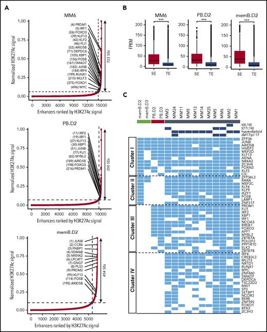 Figure 2. Recurring SEs are associated with TF genes in MM cells and normal controls. (A) SEs identified by ROSE in MM, memB, and PB cells. Selected TFs included in panel C are indicated. (B) SE-associated genes are expressed higher than genes associated with TEs. Box and whiskers plots display FPKM for SE- or TE-associated genes. ***P ≤ .001. (C) Heat map of SE-associated TF genes identified by ROSE in at least 6 MM samples. The blue color indicates the presence of an SE that is associated with the indicated TF gene. The 4 identified clusters (I to IV) are indicated.