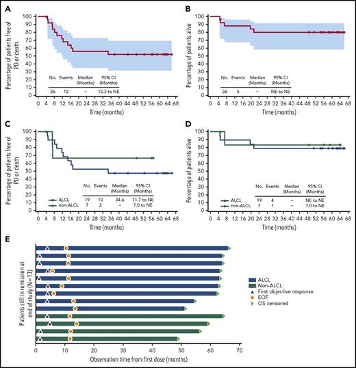 Figure 1. Five-year durability results. PFS and OS were analyzed using Kaplan-Meier methodology and are shown for the overall population (A-B) and by disease subtype (ALCL vs non-ALCL; C-D). All censored patients are indicated by dots on the Kaplan-Meier curves. One patient in remission (angioimmunoblastic T-cell lymphoma) did not enter long-term follow-up, withdrew consent, and was censored after 4.1 months. (A–B) Shading indicates the 95% confidence bounds. (E) Observation time for the subset of 13 patients in long-term follow-up remaining in remission with no subsequent anticancer therapy through end of study; all 13 achieved CR. Shading indicates disease subtype (ALCL vs non-ALCL). EOT, end of treatment; NE, not estimable; PD, progressive disease.