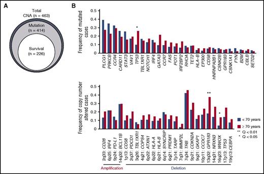 Figure 1. Genetic alterations associated with older age in ATL. (A) Relationship of ATL patients for which CNA, mutation, and survival data were available. (B) Comparison of frequencies of driver mutations and focal CNAs between younger (<70 years) and older (≥70 years) patients (Fisher’s exact test with Benjamini–Hochberg correction). Recurrently mutated genes (n = 28) present in >3% of ATL cases and highly significant (residual Q < 10−13) focal amplifications (n = 4) and deletions (n = 20) are shown.