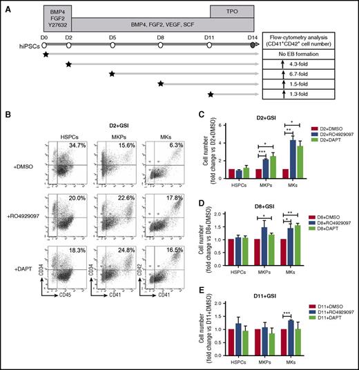 Figure 4. Notch signaling regulates megakaryopoiesis at specific stages. (A) Schematic diagram of hematopoietic and megakaryocytic differentiation; specific cytokines were indicated for differentiation. The time of 2 different GSIs (10 μM) added for inhibition of the Notch signaling pathway is indicated by stars. n.s., not significant. (B) Representative FACS analysis of the percentage of HSPCs (CD34+CD45+), MKPs (CD34+CD41+), and MKs (CD41+CD42+) on day 14 in hematopoietic cells derived from BC1 iPSCs, with addition of 10 μM GSIs (RO4929097 or DAPT) or DMSO (control) from day 2. (C) Bar graph depicting fold changes of the cell numbers of HSPCs, MKPs, and MKs on day 14 in hematopoietic cells derived from BC1 iPSCs, with addition of 10 μM GSIs (RO4929097 or DAPT) or DMSO (control) from day 2. Data are shown as the means ± SEM, n = 3. *P < .05; **P < .01; ***P < .001. (D) Bar graph depicting fold changes of the cell numbers of HSPCs, MKPs, and MKs on day 14 in hematopoietic cells derived from BC1 iPSCs, with addition of 10 μM GSIs (RO4929097 or DAPT) or DMSO (control) from day 8. Data are shown as the means ± SEM, n = 3. *P < .05; **P < .01. (E) Bar graph depicting fold changes of the cell numbers of HSPCs, MKPs, and MKs on day 14 in hematopoietic cells derived from BC1 iPSCs, with addition of 10 μM GSIs (RO4929097 or DAPT) or DMSO (control) from day 11. Data are shown as the means ± SEM, n = 3. ***P < .001.