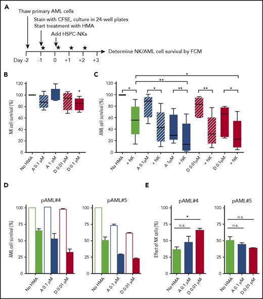 Figure 2. HSPC-NK cells in combination with HMAs potently combat primary AML cells in vitro. (A) Experimental design: Primary AML cells obtained from 5 different patients at diagnosis were stained with carboxyfluorescein diacetate succinimidyl ester and cultured in the presence of AZA or DAC using the indicated concentrations (5 × 104 AML cells per well). One day after, HSPC-NK cells (2.5 × 105 cells per well) were added and the drugs were refreshed daily. The numbers of viable AML cells were determined by FCM at day+3 of coculture. (B) Median HSPC-NK cell survival at day+3 (combined data obtained with 5 different primary AML samples). The number of NK cells quantified without HMAs was set at 100%. (C) Median AML cell survival at day+3 (combined data obtained with 5 different primary AML samples). The number of AML cells quantified without HMAs and NK cells is set at 100%. Data depicted in panels B-C represent combined data obtained with 5 different primary AML samples and were analyzed with 1-way ANOVA. ***P < .001; **P < .01. n.s., not significant. (D-E) The survival of AML cells from 2 different patients (pAML #4 and pAML #5) and corresponding effect of NK cells quantified at day+3 are depicted as the mean ± SEM of data obtained with 4 different HSPC-NK cell donors. Data were analyzed with 2-way ANOVA. ***P < .001; *P < .05. “No NK” is indicated by open bars; “+NK” is indicated by solid bars (D). n.s., not significant.