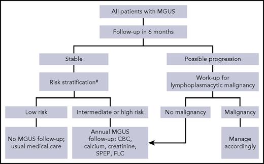 Figure 2. Suggested algorithm for follow-up of monoclonal gammopathy of undetermined significance. #Mayo Clinic Risk Stratification Model. CBC, complete blood count.