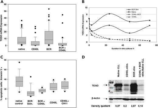 Figure 4. Regulation of TOSO and apoptosis resistance. (A) TOSO mRNA expression after 24-hour incubation with B-cell receptor (BCR) stimulation, recombinant CD40L-expressing feeder cell lines, and combined BCR/CD40L stimulus; significant increase of TOSO by BCR stimulus (P = .013) and suppression by CD40L (P = .007). (B) Time-dependent course of TOSO expression at time points of 3, 24, 48, and 72 hours. (C) Percentage of apoptosis in CLL cells assessed by annexin V/7-AAD flow cytometry. Significantly decreased apoptosis rate by BCR stimulation (P = .003); CD40L nonsignificantly reduces apoptosis. Slightly elevated apoptosis in CD40L-treated CLL cells by addition of the FAS-agonistic antibody CH11. (D) TOSO protein expression after 72-hour incubation with B-cell receptor stimulus (BCR), recombinant CD40L-expressing feeder cell lines, and combined BCR/CD40L stimulus; increase of TOSO by BCR stimulus and suppression by CD40L. Densitometry quotient of TOSO/β-actin is indicated accordingly. Box plots in panels A and C show median, 1st and 3rd quartiles, and whiskers (error bars) defined by, at most, 1.5× IQR.