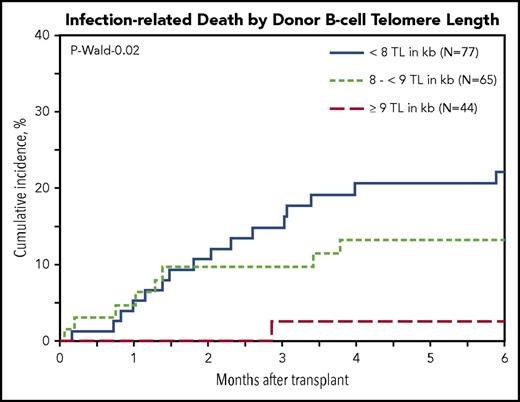 Figure 2. Cumulative incidence of posttransplantation infection-related death in patients with SAA by donor B-cell TL.