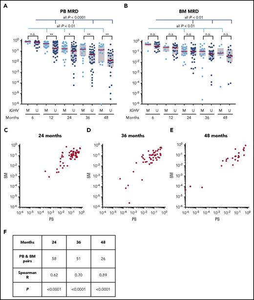 Figure 2. MRD assessment in blood and bone marrow. (A-B) MRD was measured by flow cytometry in peripheral blood (PB) and bone marrow (BM). One patient who had undetectable PB MRD at 4 years was plotted at the lowest margin of detection (10−6). Patients were stratified by IGHV subgroups: M for mutated, U for unmutated. Red lines indicate median, boxes indicate interquartile ranges. *P < .05; **P < .01; n.s., not significant. (C-E) PB and BM MRD in matched samples at 24, 36, and 48 months. (F) Correlation between PB and BM MRD measurements.