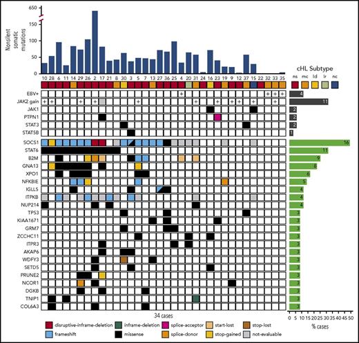 Figure 1. Recurrently mutated genes in the tumor cells of cHL. (Top) Total number of nonsilent somatic mutations present in each of the 34 cHL cases, identified by their identification number and annotated based on histological subtype (ld, lymphocyte depletion; lr, lymphocyte-rich; mc, mixed cellularity; nc, not classifiable; ns, nodular sclerosis). EBV infection status, presence/absence of JAK2 copy number gains, and the status of 3 JAK-STAT pathway genes (PTPN1, STAT3, and STAT5B) that were found mutated in <3 cases are provided for individual cases (columns) in the heat map below, along with the mutation pattern of genes found mutated in ≥ 3 cases (rows). Color codes at the bottom denote the type of mutation. The bar plots on the right give the percentage and absolute number of cases showing the feature displayed in the corresponding row across all samples.