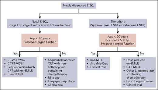 Figure 2. Recommended first-line therapy for ENKL. Our recommended treatments are listed. There are no data to determine the best treatment among them. *HD-AHSCT is added if the NK-cell lymphoma prognostic index score is 2 or 3. †In case of SMILE chemotherapy. LN, lymph node; ly, lymphocyte; (m)SMILE, SMILE or modified SMILE; peg-asp, pegaspargase.