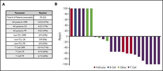 Figure 2. Summary of response rates across study population for patients treated with romidepsin and pralatrexate. (A) Response rates by disease subtype. (B) Waterfall plot representing the percentage change in tumor growth following treatment depicted by disease subtype. ORR, overall response rate; TCL, T-cell lymphoma.