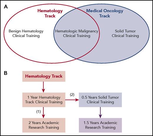 Figure 1. Johns Hopkins Hematology/Medical Oncology Program structure. (A) Schematic of year 1 of clinical training for the hematology and medical oncology tracks. (B) Three-year overall training structure for the hematology track for single boarding (1) and for dual certification (2).