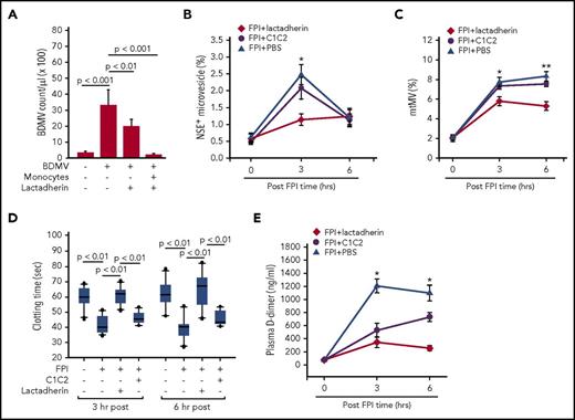 Figure 5. BDMV clearance required the integrin-binding domain of lactadherin. (A) The transmigration of PKH26-labeled BDMVs through activated endothelial cells in the presence and absence of lactadherin and monocytes (n = 15, 1-way ANOVA). C57BL/6J mice (n = 16) were preconditioned with an equal molar concentration of either lactadherin or its C1C2 domain (PBS as control) before being subjected to FPI. They were then examined for plasma levels of (B) NSE+ MVs, (C) mtMVs, (D) clotting time, and (E) plasma levels of d-dimer. Data presented in C-F were analyzed with repeated measures ANOVA, *P < .01 and **P < .001 vs PBS-injected mice.