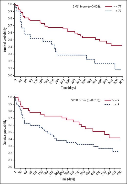 Figure 1. Impaired cognitive function and physical performance are associated with worse survival for patients with AML (n = 73). 3MS, 100-point Modified Mini-Mental State Exam; SPPB, Short Physical Performance Battery. For both, a higher score reflects better function. Reprinted with permission.32