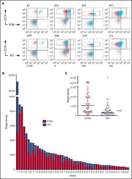 Figure 1. BCMA and TACI expression on primary myeloma cells. (A) Fresh BM MNCs were stained with CD138 APC and 1 of BCMA PE, TACI PE (blue) or isotype control (red). Antigen densities of BCMA and TACI on CD138+ tumor cells (gated) were then quantified using QuantiBRITE beads and subtracting ABC of isotype control. FACS plots from 4 representative patient samples with antigen densities (ABC) are shown. (B) Stacked plot of BCMA and TACI expression on CD138+ cells. Each bar represents a separate myeloma patient. (C) Distribution of BCMA and TACI expression on primary CD138+ myeloma cells (n = 50; medians shown. BCMA range: 105-8323, mean: 1623; TACI range: 0-21 301, mean: 853).