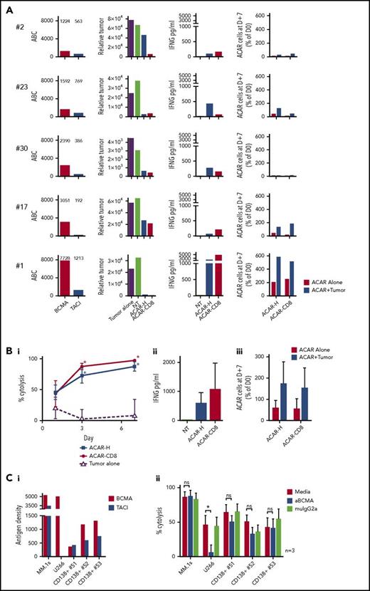 Figure 4. ACAR causes cytolysis of primary myeloma cells in vitro. (A) CD138-selected BM-derived primary myeloma cells from 5 patients were cultured in media alone (labeled “Tumor alone”), with allogeneic NT T cells or T cells transduced to express ACAR-H.2A.RQR8 or ACAR-CD8.2A.RQR8. Patients are identified by the numbers allocated in Figure 1B and supplemental Table 1. Tumor antigen densities of BCMA and TACI are indicated (ABC). Relative number of viable tumor cells at D+3 are shown. Cytokine release was determined at D+1 by ELISA, and T-cell numbers after 7 days of coculture with or without tumor cells were determined by staining for RQR8 transgene by using FACS. (B) Summarized tumor kill (percentage cytolysis determined in relation to viable tumor cells on coculture with NT T cells) (i), cytokine release (ii), and T-cell expansion (iii). (C) ACAR-H– transduced PBMCs from 3 donors were cocultured 1:4 with MM.1s, U266, or CD138-selected primary BM-derived tumor cells from 3 further patients. Effectors and targets were cultured in media alone, 150 µg/mL of anti-BCMA antibody (S307118G03), or the equivalent concentration of IgG2a control: BCMA and TACI expression on targets (i) and target kill at 48 hours by FACS (ii). Mean ± SEM, *P < .05 in comparison with control by paired t test. ns, not significant.