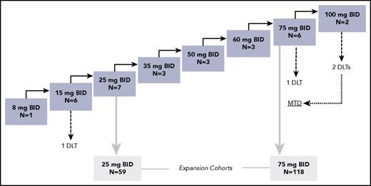Figure 2. Study design. The first row of boxes shows the dose escalation cohort (n = 31) and the 4 dose-limiting toxicities of duvelisib (1 at 15 mg BID, 1 at 75 mg BID, and 2 at 100 mg BID). The MTD was found to be 75 mg BID. The lower 2 boxes represent the expansion cohorts (1 at 25 mg BID and 1 at 75 mg BID).
