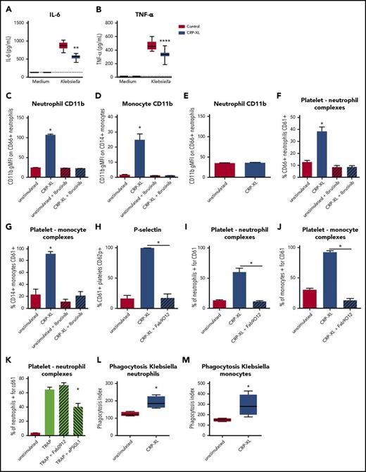Figure 5. GPVI stimulation in human whole blood decreases cytokine production but increases platelet–leukocyte complex formation, leukocyte activation, and Klebsiella phagocytosis. (A-B) Heparin human whole blood with collagen-related peptide (CRP-XLl 1 µg/mL) or vehicle control was incubated with UV-irradiated K pneumoniae (106 CFUs) for 4 hours, and plasma was stored for cytokine measurements (A, IL-6; B, TNF-α). (C-D) Human whole blood was stimulated with the GPVI agonist CRP-XL for 30 minutes in the presence or absence of the BTK inhibitor ibrutinib, and neutrophil (C) or monocyte (D) activation was assessed by CD11b expression. (E) Isolated neutrophils were stimulated with CRP-XL for 30 minutes, and neutrophil activation was assessed by CD11b. (F-G) Human whole blood was stimulated with CRP-XL for 30 minutes in the presence or absence of the BTK inhibitor ibrutinib, and platelet–neutrophil (F) or platelet–monocyte (G) complexes were determined by flow cytometry. (H-J) Human whole blood was stimulated with CRP-XL for 30 minutes with Fab9012 or vehicle control, and platelet activation (H) and platelet–neutrophil (I) or platelet–monocyte (J) complex formation was assessed by flow cytometry. (K) Human whole blood was stimulated with TRAP for 30 minutes in the presence of Fab9012 (blocking GPVI), anti-PSGL-1, or vehicle control, and platelet–neutrophil complex formation was assessed. (L-M) Human whole blood with or without CRP-XL was incubated at 37°C with fluorescein isothiocyanate–labeled heat-inactivated Klebsiella for 20 minutes, after which phagocytosis was determined in neutrophils (L) or monocytes (M). Data show representative results for 4 out of 6 donors (n = 8 replicates per group for cytokines, and n = 4 replicates per group for fluorescence-activated cell sorting readouts). Experiments were performed at least twice with different donors. *P < .05 for CRP-XL vs unstimulated, CRP-XL vs CRP-XL+Fab9012, and TRAP vs TRAP+aPSGL-1; **P < .01 and ****P < .0001 vs control.