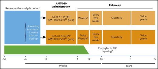 Figure 1. Study design. aAfter the administration of AMT-060 to each of the first 2 participants in each cohort, the Data Monitoring Committee evaluated available safety data during 24 hours before dosing of the next participant could be initiated. bProphylactic FIX replacement therapy was generally tapered between weeks 6 and 12 if FIX activity was ≥2.0 IU/dL in at least 2 consecutive visits. Investigators could taper prophylaxis later than 12 weeks at their discretion. The decision to continue tapering/withholding of prophylactic FIX replacement therapy was based on the individual assessment by the investigator but included the requirement to document that the participant could maintain a FIX activity level ≥2.0 IU/dL. cCohort 2 dosing was initiated after the completion of cohort 1 dosing and review of initial safety data by the Data Monitoring Committee.