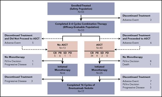 Figure 2. Patient disposition. Boxes highlighted in pink indicate best response to combination therapy among subpopulations of patients who did and did not proceed to ASCT. Efficacy-evaluable patients who discontinued treatment owing to AEs during combination therapy are indicated by dashed lines; patients who completed combination therapy but did not enroll in the brentuximab monotherapy phase are shown separately.