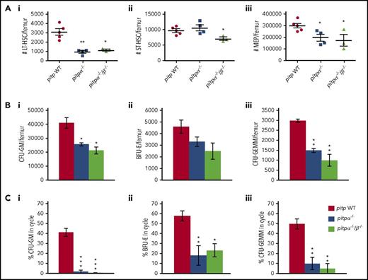 Figure 1. Deletion of pitpα and pitpα/pitpß in MKs results in decreased HSC and HPC numbers in the BM. BM was collected from WT littermate control (n = 5), pitpα−/− (n = 4), or pitpα−/−/β−/− (n = 3) mice and analyzed for HSC and HPC numbers. (A) The number of LT-HSCs (Ai), ST-HSCs (Aii), and MEPs (Aiii) per femur was determined by flow cytometry. (B) Progenitor cell numbers and function were analyzed utilizing a functional HPC colony assay examining CFU-GMs (Bi), BFU-Es (Bii), and CFU-GEMMs (Biii) per femur. (C) The percentage of CFU-GMs (Ci), BFU-Es (Cii), and CFU-GEMMs (Ciii) in the S phase of the cell cycle was determined using the high-specific-activity tritiated thymidine kill technique. For the colony assays, each mouse was plated in triplicate. All data are presented as mean ± SEM. *P < .05, **P < .005, and ***P < .0005 when compared with WT as determined by Student t tests.
