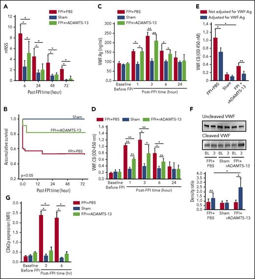 Figure 2. ADMATS-13-preconditioning on TBI recovery and VWF reactivity. The modified Neurological Severity Scores (A; n = 33; 1-way ANOVA). (B) Kaplan-Meier survival plot of mice preconditioned with either rADAMTS-13 or PBS before FPI and sham mice (n = 33; P < .05 for FPI+rADAMTS-13 vs FPI+PBS, and for sham vs FPI+PBS, but not for FPI+rADAMTS-13 vs sham). Plasma VWF:Ag (C) and VWF:CB (D) of mice in the above groups (n = 33; 1-way ANOVA, *P < .01, **P < .001). (E) Plasma VWF-CB before (black bars) and after (white bars) adjustments for VWF:Ag (n = 18; paired t test, *P < .01, **P < .05). (F) PPP from mice receiving different treatments was probed for uncleaved (top) and cleaved (middle) VWF, using 2 specific antibodies. The bottom panel shows the densitometry ratio of cleaved to uncleaved VWF (n = 9, paired t test, *P < .01 and ** P < .05). (G) CD62 expression on platelets from mice of the above 3 treatment groups (n = 33, 1-way ANOVA, *P < .001).