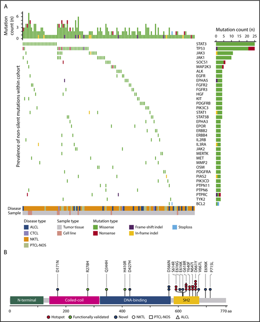 Figure 1. Frequently mutated genes in the JAK/STAT signaling pathway identified by targeted capture sequencing in PTCLs. (A) Distribution of mutations across PTCL subtypes (ALCL, CTCL, NKTL, and PTCL-NOS). The top 36 most frequently mutated genes are shown with the last row indicating the first gene with 2 recurrent mutations. The bar on the right represents the number of samples with mutations, and the bar on the top represents the number of mutations in each sample. Samples having no mutations were excluded. (B) Locations of novel, previously studied, and hotspot mutations in the coiled-coil α domain, DNA binding domain and SH2-domain of STAT3 in PTCLs. STAT3 mutations p.R278H,79 p.H410R,63 and p.Q344H80 were previously reported in autoimmune lymphoproliferative syndrome, large granular lymphocyte leukemia, and patients with lymphoproliferation and childhood-onset autoimmunity, respectively.