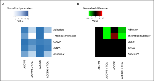 Figure 4. Increased thrombus formation in ACC DKI mice is prevented by P2Y12 inhibition. (A-B) Whole-blood flow perfusion experiments were performed with collagen type I as platelet-adhesive substrate. Where indicated, autocrine effects were blocked by preincubation with 20 µM ticagrelor (TICA) or vehicle (dimethyl sulfoxide) for 10 minutes. Microscopic images were analyzed for indicated parameters, and per parameter normalized on scale from 0 to 10.24 (A) Heat map of normalized parameters. (B) Subtraction heat map of normalized differences compared with WT mice, filtered for changes with P ≤ .05.