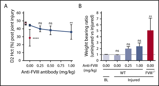 Figure 1. aHA mice are protected against joint bleeding after injury. (A) Joint bleeding after knee injury in WT C57Bl/6J mice (n = 9-12; filled squares) that received different doses of the inhibitory anti-FVIII antibody (0-1 mg/kg; GMA-8015). Bleeding was determined by measuring Hct at day 2 (D2) postinjury. D2 Hct values for injured FVIII−/− BALB/c mice (n = 9; filled circles) are shown to illustrate typical joint bleeding in congenital HA mice. Hct of WT C57Bl/6J (open square) or FVIII−/− BALB/c (open circle) mice at baseline (BL; no injury) are provided as a no-bleeding reference (n = 8-10). (B) Weight-bearing ratio of left (uninjured) vs right (injured) hind paw at BL (n = 5) and at D2 after right knee injury in WT C57Bl/6J (n = 6) or FVIII−/− BALB/c (n = 4) mice at the indicated doses (mg/kg) of anti-FVIII antibody. Kruskal-Wallis test followed by Dunn’s post hoc multiple comparison test was used to compare experimental mice with WT mice at baseline. BL indicates baseline without knee injury; injured indicates right knee injury. **P < .01, ****P < .0001. ns, not significant.