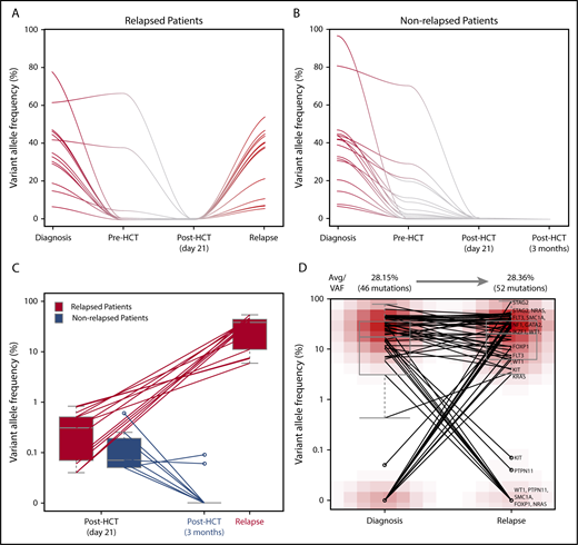 Figure 2. Dynamics of remaining allelic burden post-HCTD21 and clonal association between initial AML and post-HCT relapse AML clone. Trace of mutations that are present at diagnosis and post-HCT (day 21) in (A) relapsed and (B) nonrelapsed patients. (C) Changes of remaining allelic burden from post-HCT (day 21) to relapse and 3 months post-HCT. Two patients relapsed at day 21 are excluded in this figure. (D) Comparison of allelic burdens in the initial AML clone and the post-HCT relapse AML clone.