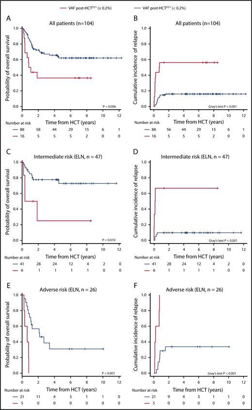 Figure 3. Association between allelic burden and risk of OS and relapse risk. (A) OS and (B) relapse incidence depending on the presence of allelic burden at day 21 after allogeneic HCT. (C) OS and (D) relapse incidence depending on the presence of allelic burden in 47 patients classified as intermediate risk based on 2017 ELN recommendations. (E) OS and (F) relapse incidence depending on the presence of allelic burden in 26 patients classified as poor risk based on 2017 ELN recommendations. Number of patients at risk for every 2 years is shown below each Kaplan-Meier curve.