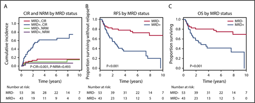 Figure 3. CIR, NRM, RFS, and OS for MRD+ and MRD−patients. (A) CIR and NRM by competing risk analysis for MRD+ (n = 43) and MRD− patients (n = 53). (B) RFS for MRD+ positive (n = 43) and MRD− patients (n = 53). (C) OS for MRD+ (n = 43) and MRD− patients (n = 53).