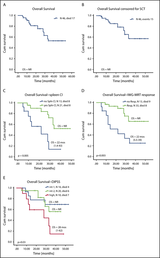 Figure 4. Kaplan-Meier curves showing OS for all patients enrolled on study. OS during study for all patients (A) not censored for allogeneic SCT and (B) censored for allogeneic SCT. OS stratified by (C) achievement of clinical improvement in spleen length, (D) achievement of any IWG-MRT response during therapy, and (E) DIPSS risk score at enrollment.