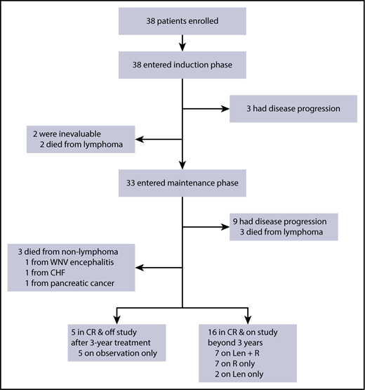 Figure 1. Consort diagram of patient treatment and disposition. The induction treatment consisted of lenalidomide administered at 20 mg daily on days 1 to 21 of a 28-day cycle for 12 cycles and rituximab weekly for 4 weeks during cycle 1 and then every other cycle. Of the 38 patients enrolled, 33 completed induction and entered maintenance, whereas lenalidomide was reduced to 15 mg, and rituximab was continued every other cycle. Treatment was continuous until disease progression, unacceptable toxicity, or study withdrawal, with an option to stop therapy after 3 years. CHF, congestive heart failure; Len, lenalidomide, R, rituximab; WNV, West Nile virus.