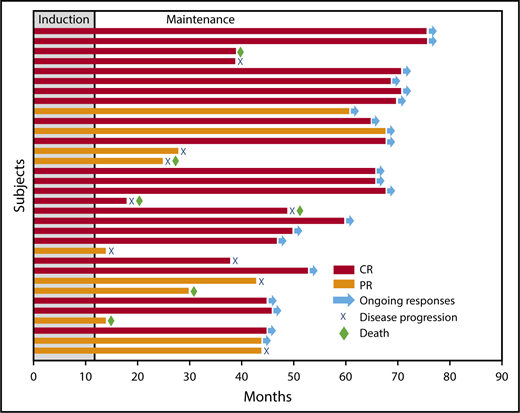 Figure 2. Swimmer's plot of response duration. Thirty-three patients had PR or CR on study treatment. Bar length indicates DOR. The gray shading indicates the induction phase, which consisted of 12 cycles of treatment.