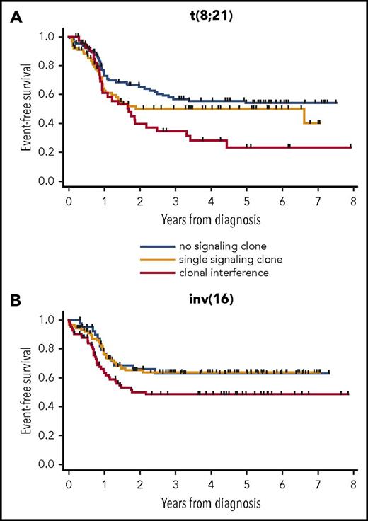 Figure 3. EFS of patients according to clonal interference of signaling mutations in CBF AML subsets. t(8;21) patients (n = 230) (A) and inv(16) patients (n = 215) (B). EFS is censored at HSCT in first CR.