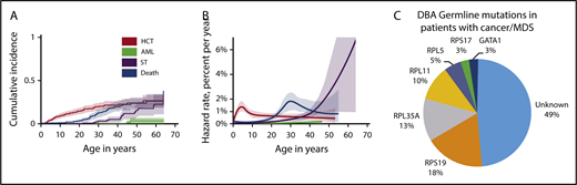 Figure 1. Cumulative incidence, annual hazard rate of competing adverse events by age, and RP germline mutations in patients with cancer. (A) By age 30 years, no patients had developed AML, 3% had a ST, 20% had undergone a HSCT, and 13% had died. By age 45 years, 2% had developed AML, 12% had a ST, 24% had undergone a HSCT, and 23% had died of complications of stem cell transplantation (n = 25), iron overload (n = 18), infection/sepsis (n = 12), gastrointestinal cancer (n = 7), AML (n = 3), pulmonary embolism (n = 3), stroke (n = 2), or aplastic anemia (n = 2). The overall cumulative incidence of cancer (excluding MDS) was 13.7% by age 45 years. (B) Cause-specific hazard rates were as follows: HSCT or severe bone marrow failure occurred at a peak rate of just over 1% per year; deaths from complications of DBA began rising at age 20 years, peaking at almost 2% at 30 years of age; the rate of AML slowly increased beginning at age 40 years; and the rate of STs rapidly increased beginning at age 30 years. (C) DBA germline mutations in patients with cancer/MDS. Twenty of 39 patients with cancer/MDS had an RP gene mutation identified. The relative distribution of DBA in those with cancer genotyped was similar to that reported in the general DBA population with the most common genotypes represented. Due to the availability of only limited genetic testing in earlier patients who had died prior to mutation testing or could not undergo additional complete genetic testing, there were 49% with an unknown genotype. The general DBA population in the DBAR was genotyped (n = 214) as follows: RPS19 (45%), RPL5 (13%), RPS26 (11%), RPL11 (7%), RPL35A (7%), and RPS17 (5%). The significance, if any, of the absence of germline mutations in RPS26 in the cancer cohort is unknown at this time.