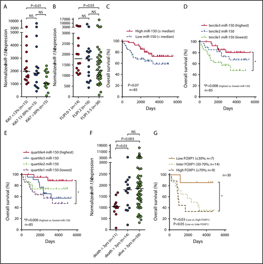 Figure 4. The association of miR-150 expression with biological characteristics of FL and survival of patients. (A) miR-150 expression in FL patients divided according to terciles of Ki67 proliferation index (the differences were tested by Mann-Whitney test). All samples with available data on Ki67 were used in the analysis. (B) miR-150 expression in FL patients divided according to Follicular Lymphoma International Prognostic Index (FLIPI) score (the differences were tested by Mann-Whitney test). All samples with available data on FLIPI were used in the analysis. (C-E) Association of miR-150 expression with OS in FL. The OS is depicted using the Kaplan-Meier curves (with log-rank test) in the FL cohort divided by median miR-150 expression (C) or by dividing the cohort into 3 (D) or 4 (E) groups based on terciles or quartiles of miR-150 expression, respectively. For all analyses, only patients with histologically verified FL at the time of sampling (with no histopathological signs of transformation to DLBCL) were included. Patient characteristics are listed in supplemental Table 2. (F) Differences in miR-150 levels between FL patients who experienced early death within 3 years from biopsy (death <3 years) or who died later (death >3 years) or are still alive for longer than 3 years (alive >3 years) from biopsy. One patient with a follow-up time <3 years was excluded from the analysis. Similar data were obtained when only samples obtained at diagnosis were included in the analysis (54 of 84 samples; supplemental Figure 17A) or in patients experiencing early relapse (<24 months; supplemental Figure 17B). For all analyses, only patients with histologically verified FL at the time of sampling (with no histopathological signs of transformation to DLBCL) were included. The differences in miR-150 levels between individual groups were tested by Mann-Whitney test. (G) The OS in FL patients divided according to immunostaining for FOXP1 (30 FL patients with material available as tissue microarray blocks; supplemental Methods). The patients were divided into 3 groups of samples with low (≤30%), intermediate (inter; 30%-70%), or high (≥70%) percentage of FOXP1+ cells. For all analyses, only patients with histologically verified FL at the time of sampling (with no histopathological signs of transformation to DLBCL) were included. Representative images of the scoring of FOXP1 staining in FL are shown in supplemental Figure 14. NS, not significant.