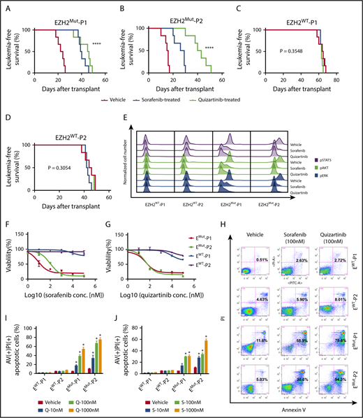 Figure 2. Administration of FLT3 inhibitors effectively induces apoptosis of EZH2Mut leukemic cells in vitro and prolongs the lifespan of a xenograft mouse model with anti-leukemia activity in vivo. (A-D) Kaplan-Meier plots of survival in NOD-SCID mice inoculated with (A-B) EZH2Mut or (C-D) EZH2WT T-ALL patient-derived leukemic cells via the tail vein. When the leukemic proportion extended up to 5% in peripheral blood, mice were intraperitoneally injected with vehicle (DMSO), sorafenib (60 mg/kg), or quizartinib (30 mg/kg) for 5 consecutive days. Each treatment group contained 5 animals. Day 0 was the day when cells were implanted. (E) Flow cytometric analyses of phosphorylated pSTAT5, pAKT, and pERK performed for isolated tumor cells from patient-derived xenograft mice (EZH2Mut and EZH2WT) after being treated with vehicle (DMSO), sorafenib, or quizartinib for 5 days. (F-G) Cell growth and viability of tumor cells (harvested from drug-free xenograft mice) assessed in vitro by MTT assays after being treated with designated concentrations of (F) sorafenib or (G) quizartinib for 24 hours in parallel studies. (H-J) Cell death analyzed in the bulk blast population using an annexin V (AV)/propidium iodide (PI) staining assay in vitro after being exposed to sorafenib or quizartinib for 24 hours. Additional analyses of the late-stage apoptotic cell percentage were carried out by concentration titrated (I) sorafenib and (J) quizartinib. All the cells harvested for in vitro studies were incubated in RPMI-1640 with 10% FBS and 5 ng/mL FLT3 ligand overnight (16 hours) for synchronization before treatment started. Data are presented as the mean ± SD. Error bars: SD of 3 independent experiments. *P < .05; ****P < .00001.