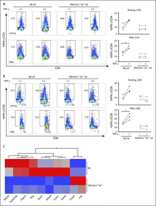 Figure 6. Effects of TNF-α on murine T-cell IFN-γ secretion mediated by TNF-αRs. Recombinant TNF-α (50 ng/mL) were added to LN cells (LN) from WT B6 mice or TNFrsf1a−/−1b−/− mice under resting condition or activated by phorbol 12-myristate-13-acetate (PMA; 5 ng/mL) plus ionomycin (1 μM) overnight. Intracellular IFN-γ levels in CD4+ T cells (A) and CD8+ T cells (B) were examined by flow cytometry. Representative flow cytometry plots from 3 separate experiments are shown. (A-B) Top panels, Under resting condition; bottom panels, after stimulation with PMA plus ionomycin. (C) Transcriptome changes related to the impact of TNF-α on activated T cells. CD8+ T cells from B6 or TNFrsf1a−/−1b−/− mice were stimulated with PMA plus ionomycin in the presence of TNF-α (50 ng/mL) for 4 hours, and cells were then subjected to RNA extraction and complementary DNA (cDNA) synthesis. A PCR array focused on genes related to T-cell activation and anergy was performed. Genes with at least twofold differences between CD8+ T cells from B6 and TNFrsf1a−/−1b−/− mice are shown as a heatmap. Arrays were replicated from 2 different pools of CD8+ T cells. Red indicates high expression; blue, low expression. *P < .05.